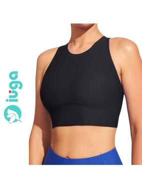 IUGA Women’s Large High Neck Crossback Swim Top Black UPF 50+ NWT